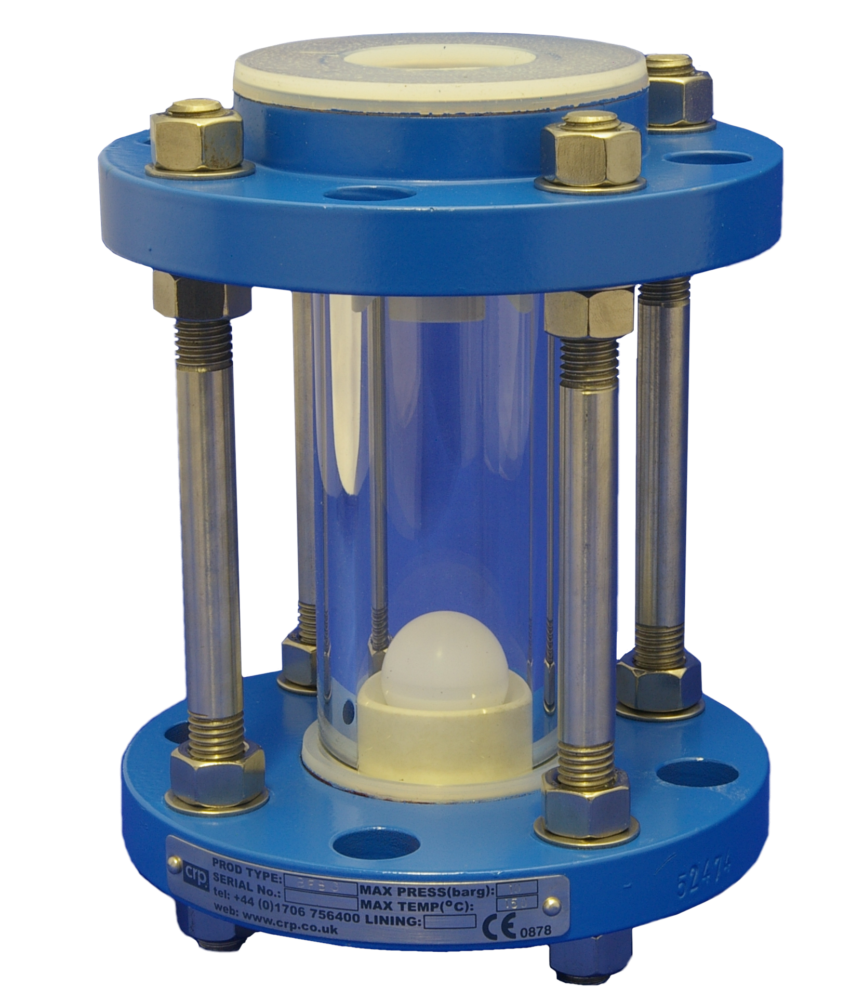 Tubular sightglass with floating hollow PTFE ball to prevent liquid entering vacuum pumps