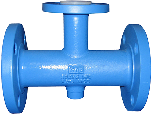 PFA lined flanged reducing tee for use in with very corrosive chemicals