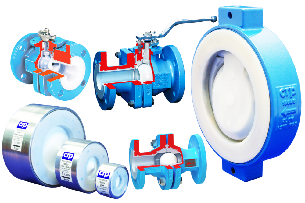 PFA lined ball, check, plug and butterfly valves