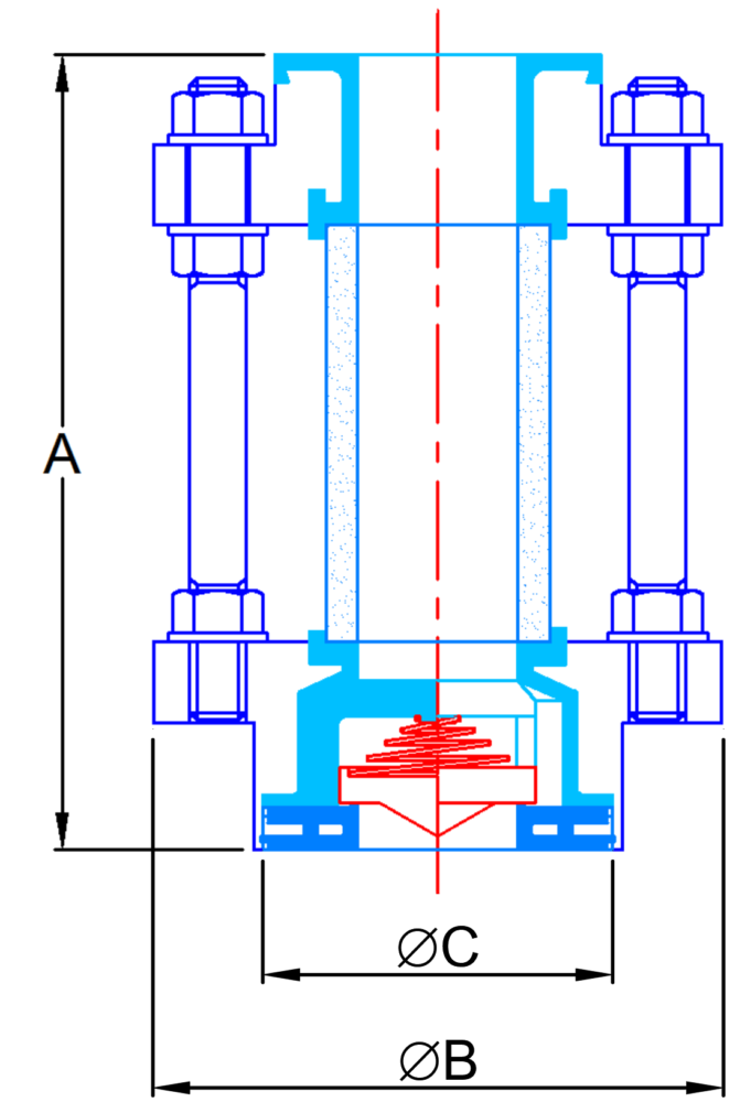 Drawing of Integral sightglass / poppet check valve PFA lined for use with acids